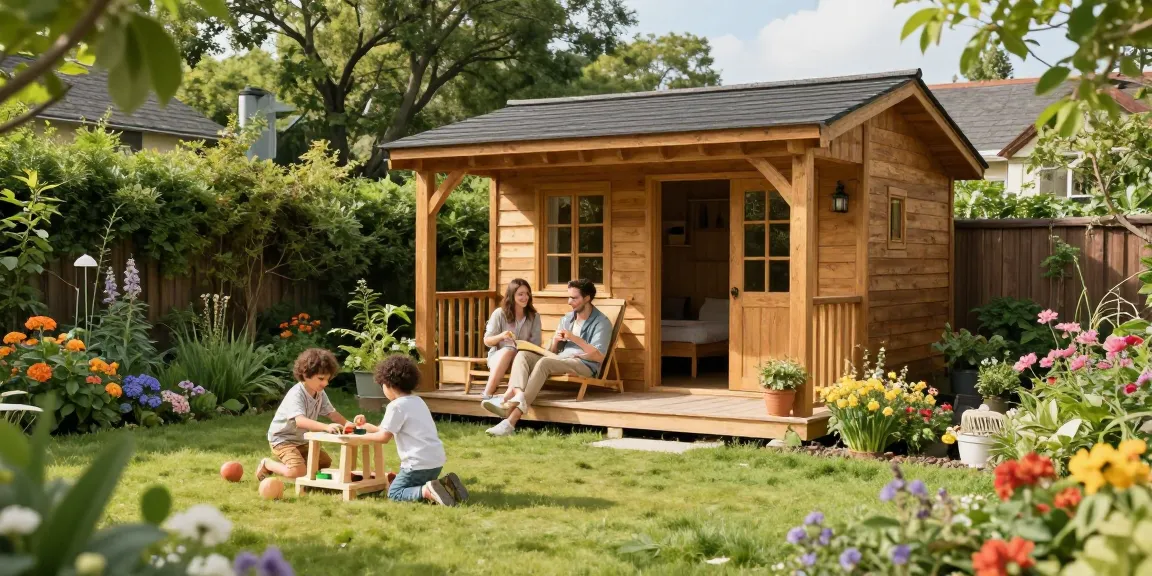 Ein hochwertiges Gartenhaus aus Holz in einer blühenden Gartenlandschaft mit spielenden Kindern und entspannten Erwachsenen.