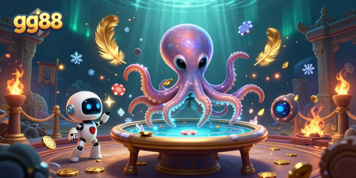 Discover the excitement of gg88 with a 3D octopus running a holographic poker table surrounded by vibrant casino elements.