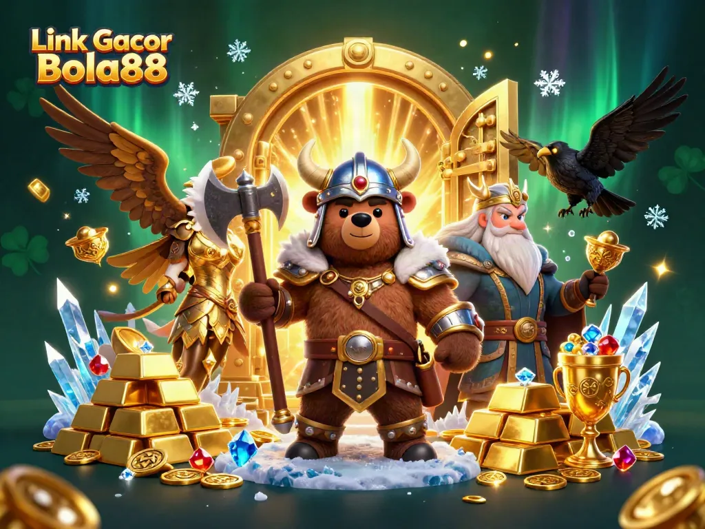 Experience thrilling wins with Link Gacor Bola88, illustrated in a vibrant casino scene filled with treasure and adventure.