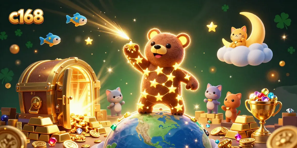 Experience thrilling wins with c168 as a constellation bear gathers coins amidst dazzling treasures and casino elements.