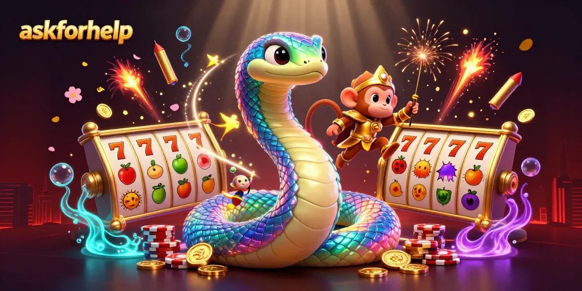 Engage in thrilling gameplay with askforhelp, featuring vibrant casino elements like rainbow serpent and spinning slot reels.