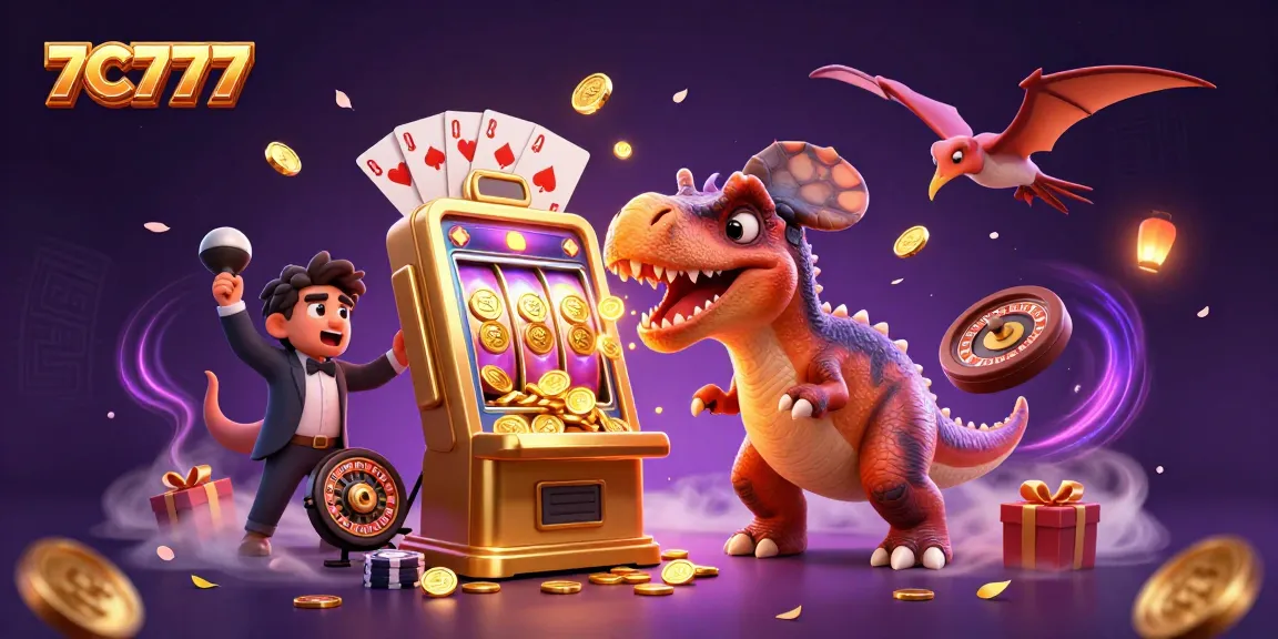 Engage with 7C777 as a pachycephalosaurus hits a jackpot at a golden slot machine, coins flying everywhere.