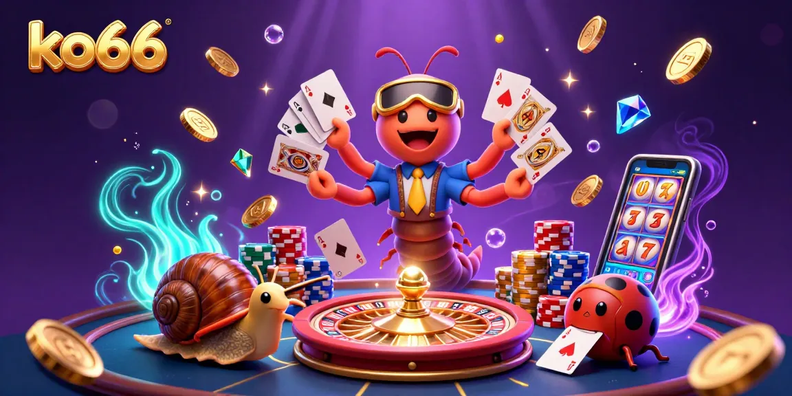 Play exciting games at ko66 with a vibrant scene including a cartoon millipede dealer and casino elements.