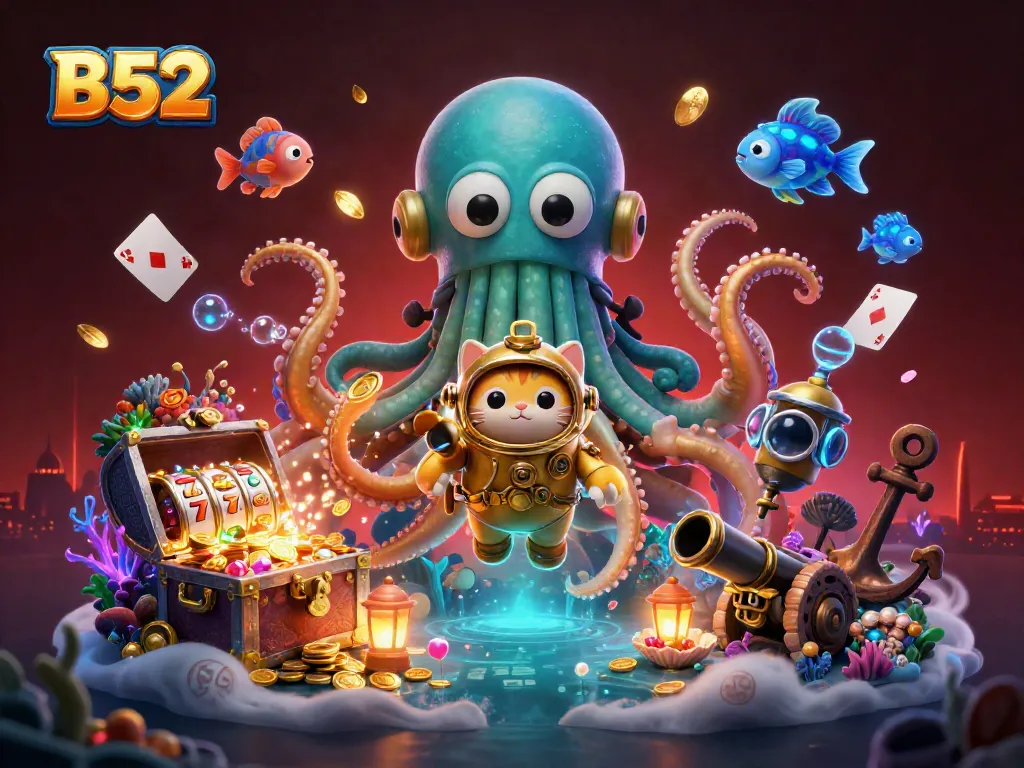 B52 features a colossal kraken and diving cat in a treasure-themed casino adventure