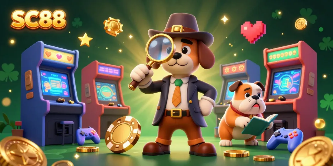 Engage in thrilling casino gaming adventures at SC88 with a cartoon detective exploring golden poker chip clues.