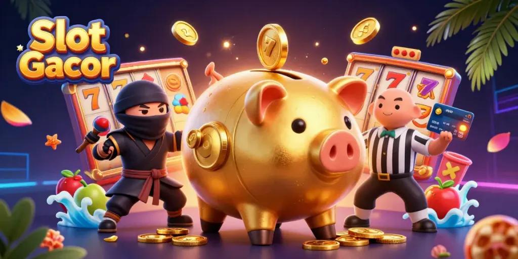 A vibrant Slot Gacor scene featuring a golden piggy bank sumo wrestler amid colorful slot game elements, emphasizing excitement.