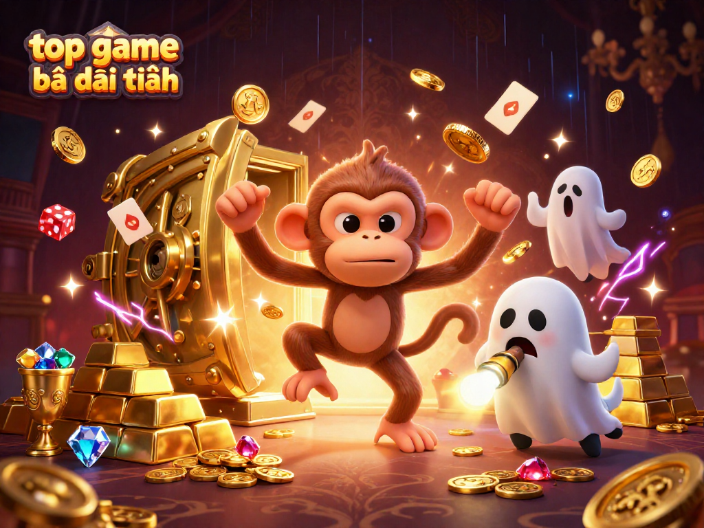 Experience top game bài đổi thưởng with a lively, magical scene filled with coins, cards, and treasures.