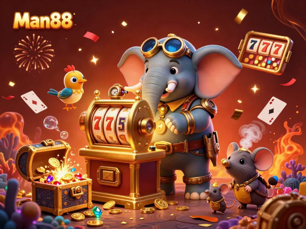 Experience the thrill at Man88 with our animated slot scene featuring exciting elements and rewards.