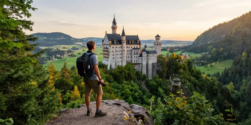 Das Eltz Personal Schloss bei Sonnenuntergang, umgeben von grünen Hügeln und Wäldern.