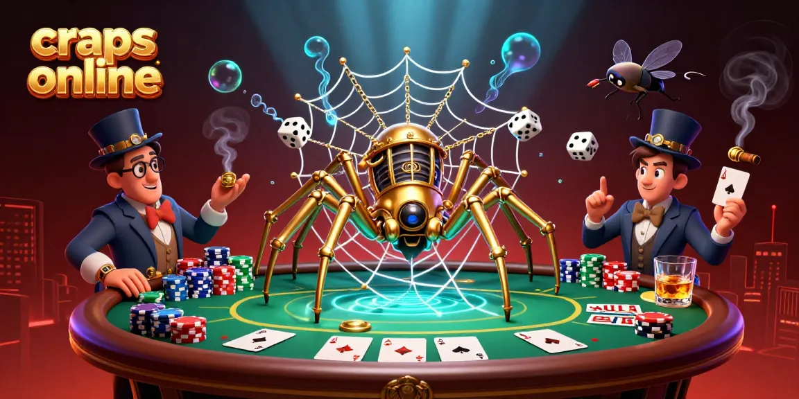 Engage in craps online with a golden spider weaving a web of poker chips and dice.