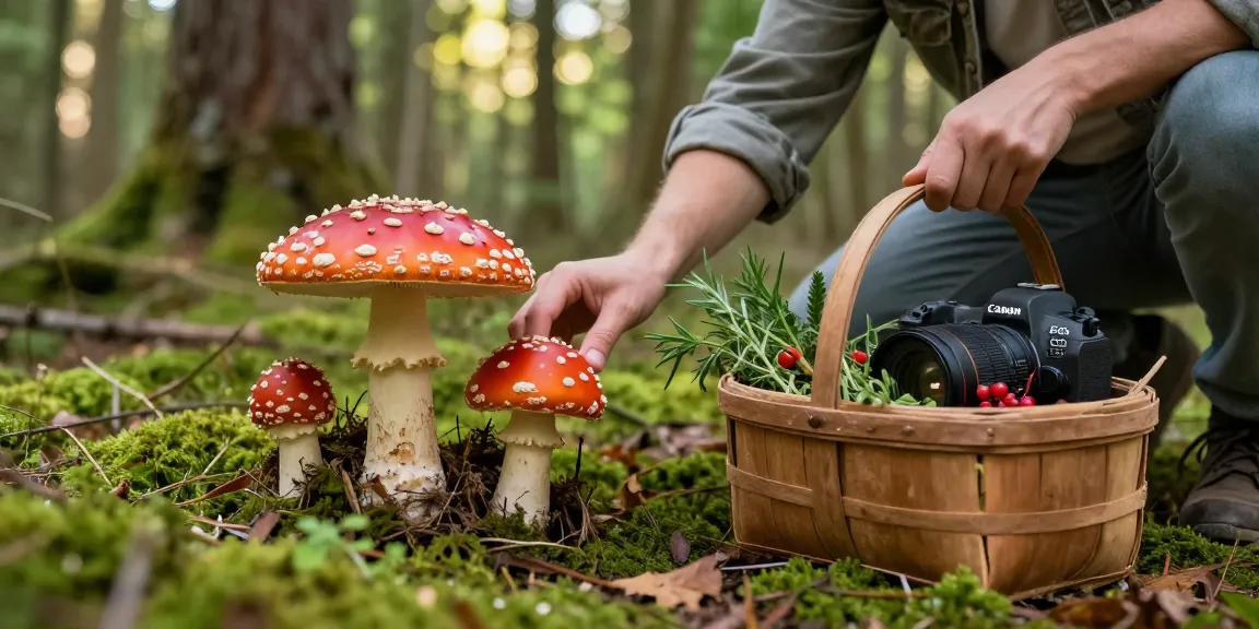 Fliegenpilz kaufen, präsentiert in einem Wald mit Amanita Muscaria-Pilzen und Naturelementen.