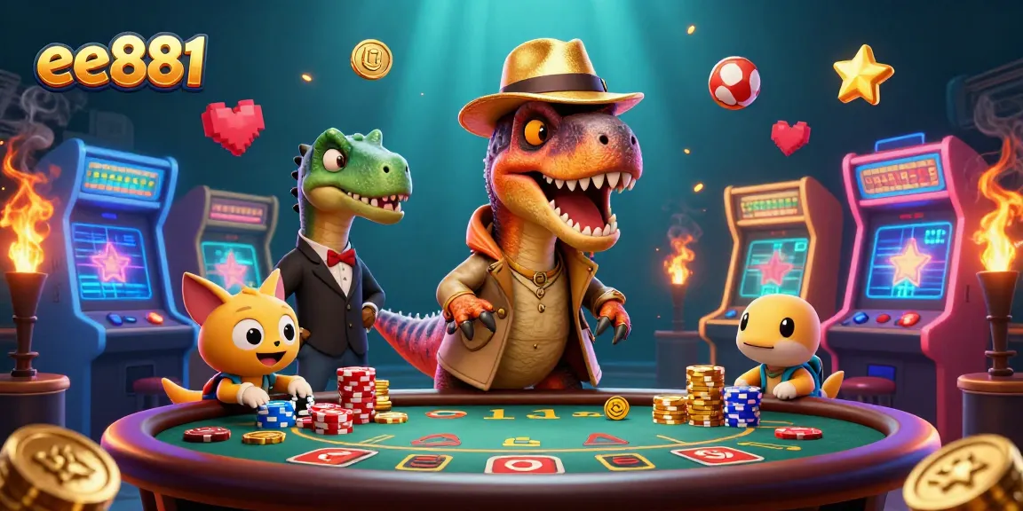 ee881 showcases a velociraptor card counter in a casino, surrounded by vibrant gaming elements, capturing a playful gambling scene