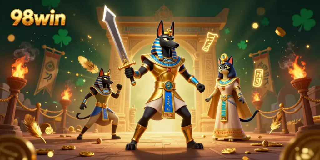 Experience the excitement of 98win with vibrant casino adventures featuring Anubis and Bastet.