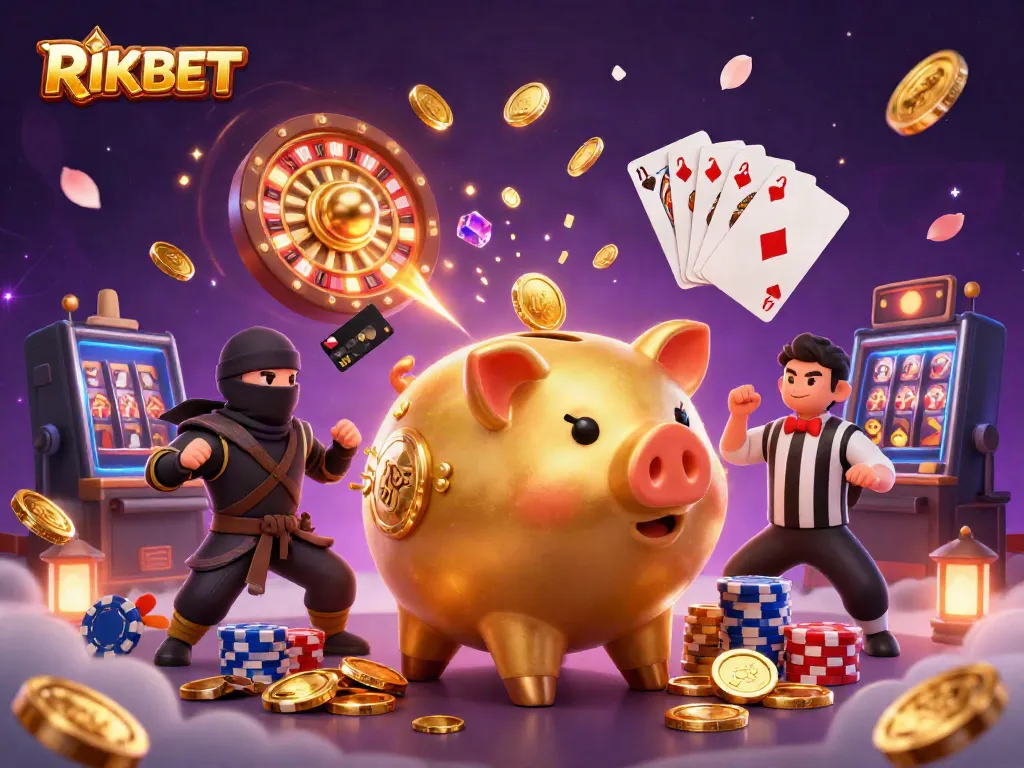 Experience RIKBET's lively 3D gaming scene with characters and casino elements in vibrant action.