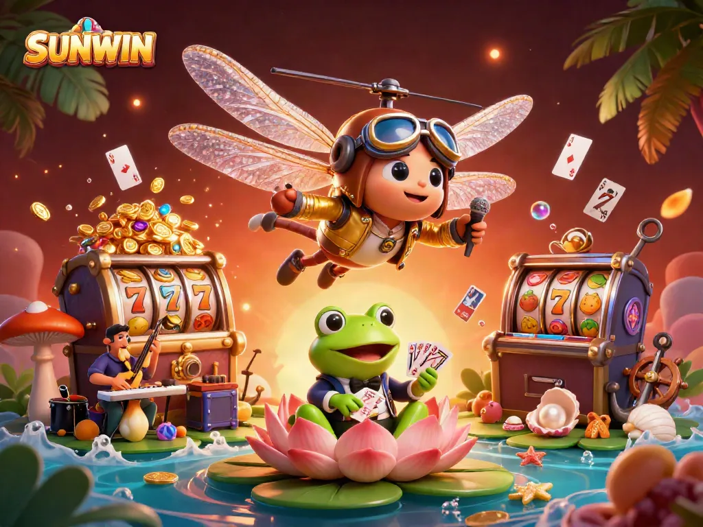 SUNWIN showcases a lively lily pad casino scene with unique characters, vibrant game elements, and rich colors.