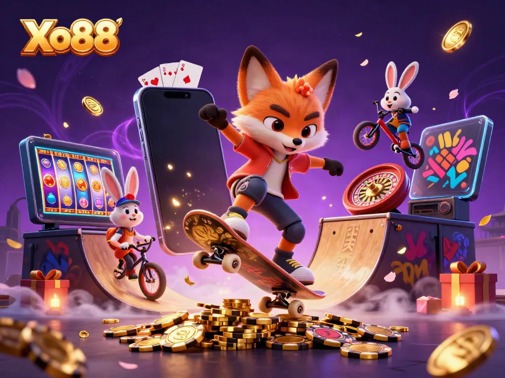Experience dynamic casino gaming with Xo88 through vibrant illustration of animated characters and slot games.