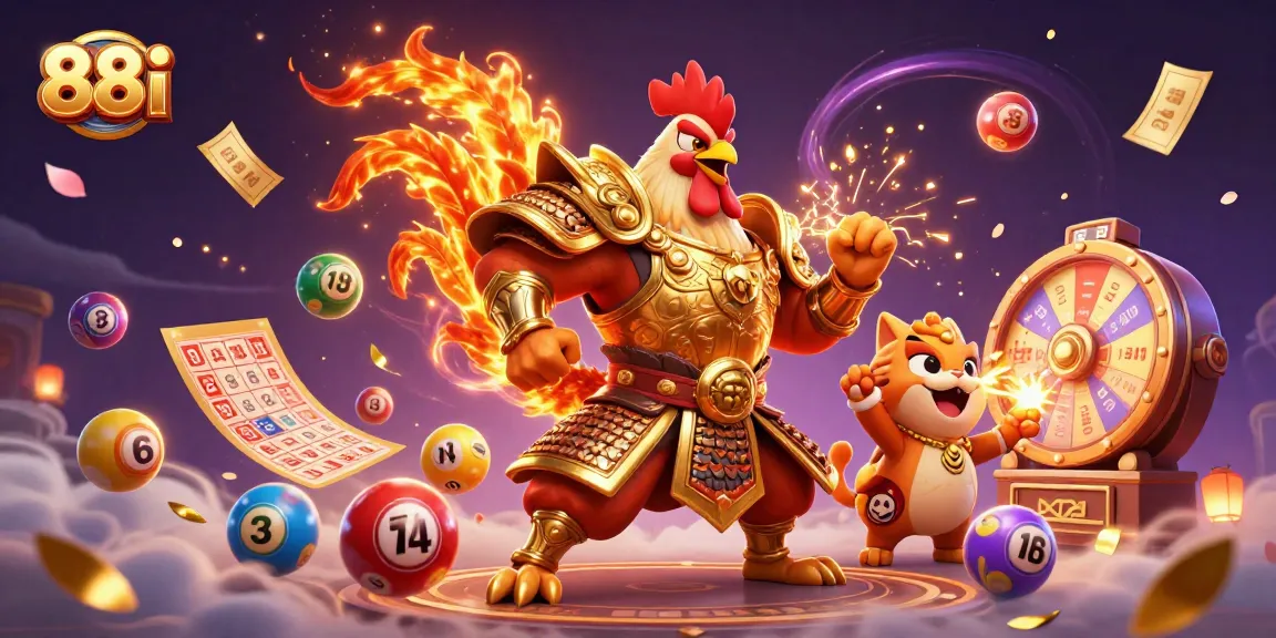 88i animated fighting rooster and dragon hatchling celebrating wins with lottery elements in a vibrant casino scene.