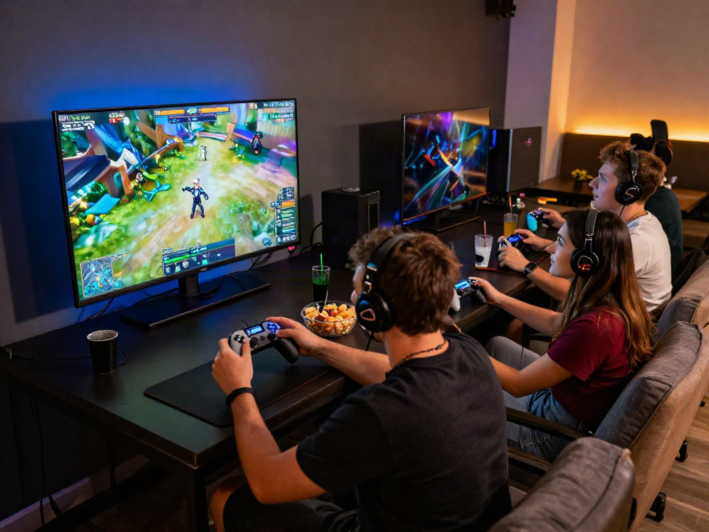 Group of friends gaming together, engaging with rokok88 login in a lively lounge atmosphere.