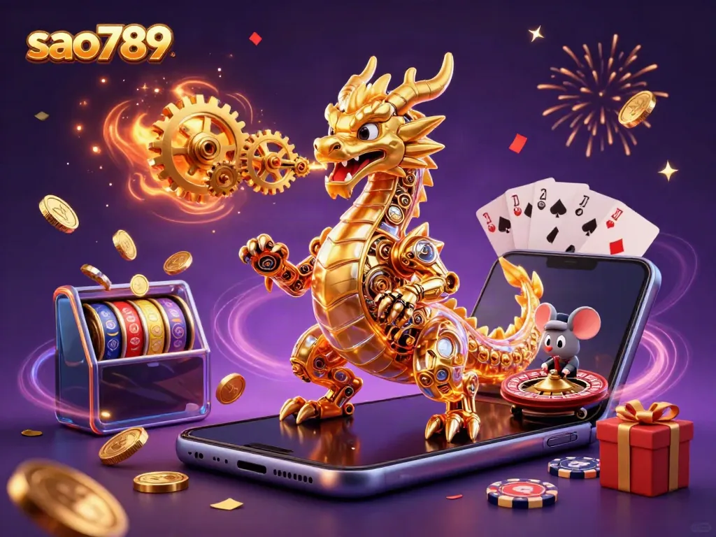 Experience the magic at sao789 with a golden dragon and a mouse engineer surrounded by vibrant slot game elements.