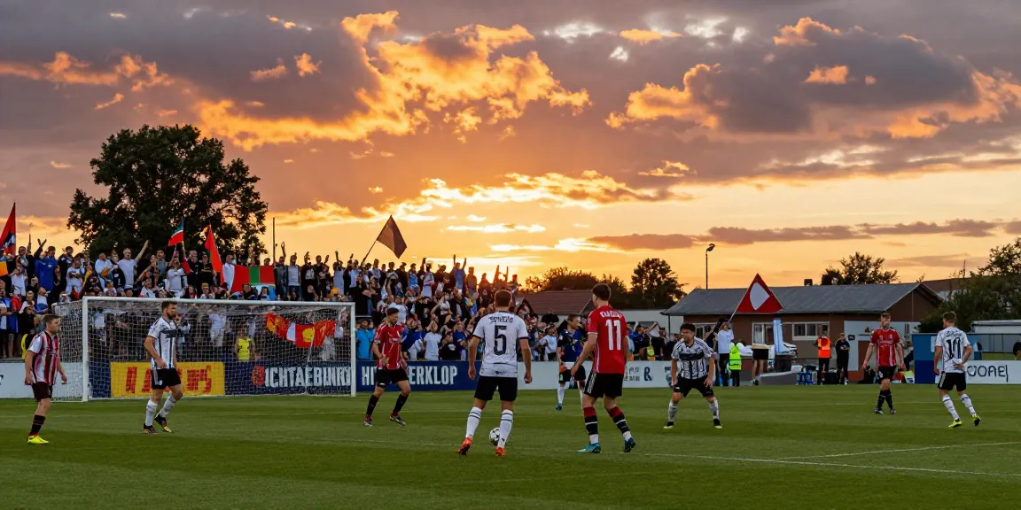 Fußball Deutschland: Spieler in Aktion während eines spannenden Fußballspiels unter einem spektakulären Sonnenuntergang