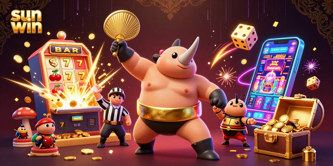 Experience thrilling wins with sun win in this vibrant casino illustration featuring beetle champions.