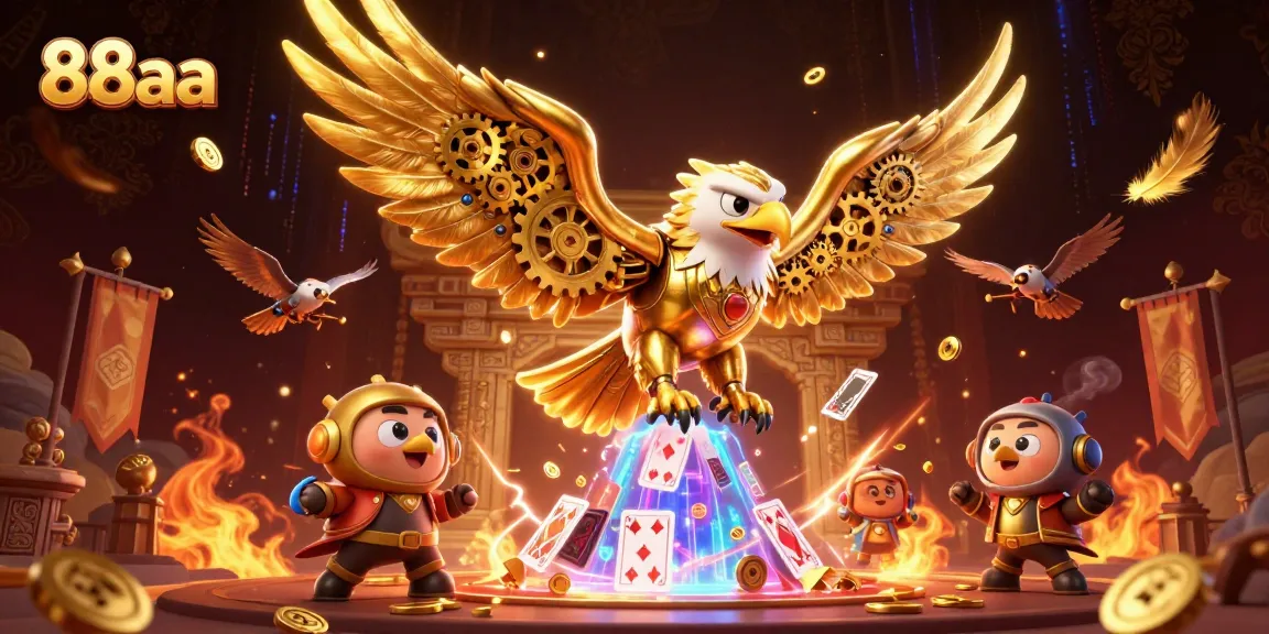 Experience the thrill of 88aa as a golden eagle dives through holographic cards in a vibrant online casino.