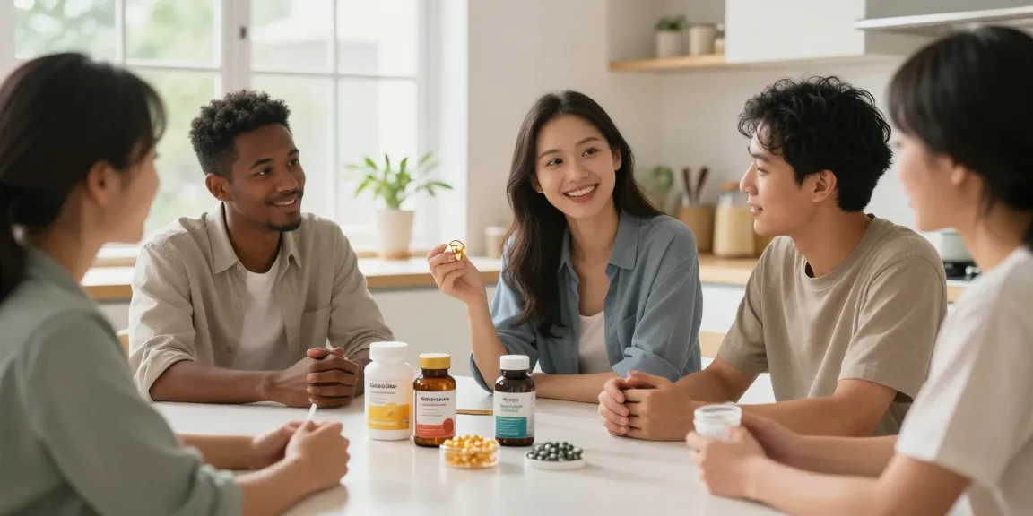 Nahrungsergänzungsmittel sinnvoll diskutieren in heller Küche mit verschiedenen Produkten.