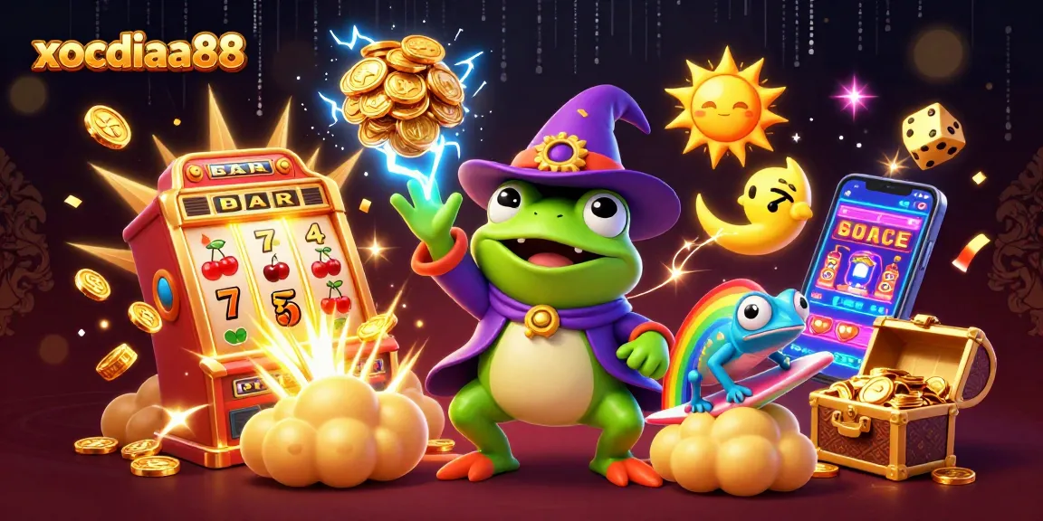 Xocdiaa88 showcases exhilarating casino thrills with thunderous coins, vibrant chameleon, and jackpot elements.