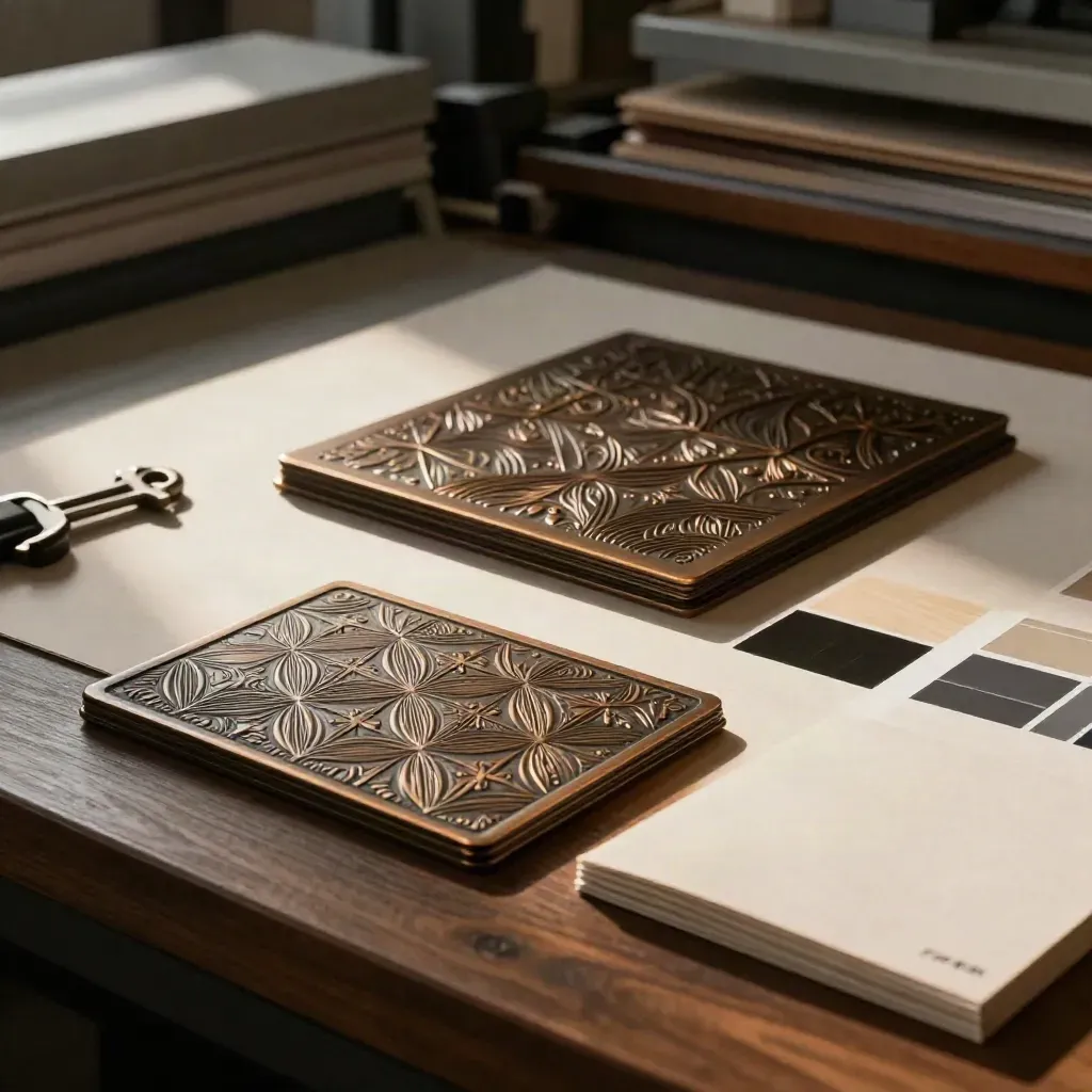 Geprägte Musterkarten, Lackflächen und ein Musterheft im Printstudio für Corporate Design.