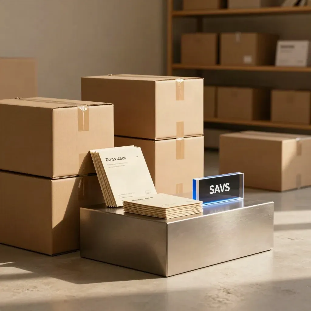 Geordneter SaaS-Start-up-Raum mit Versandboxen und Präsentationssockel im warmen Licht.