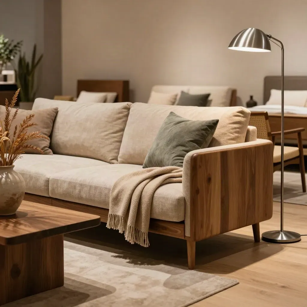 Möbelhaus-Showroom mit Sofa, Holzmöbeln, Leuchten und herbstlicher Deko im warmen Licht.