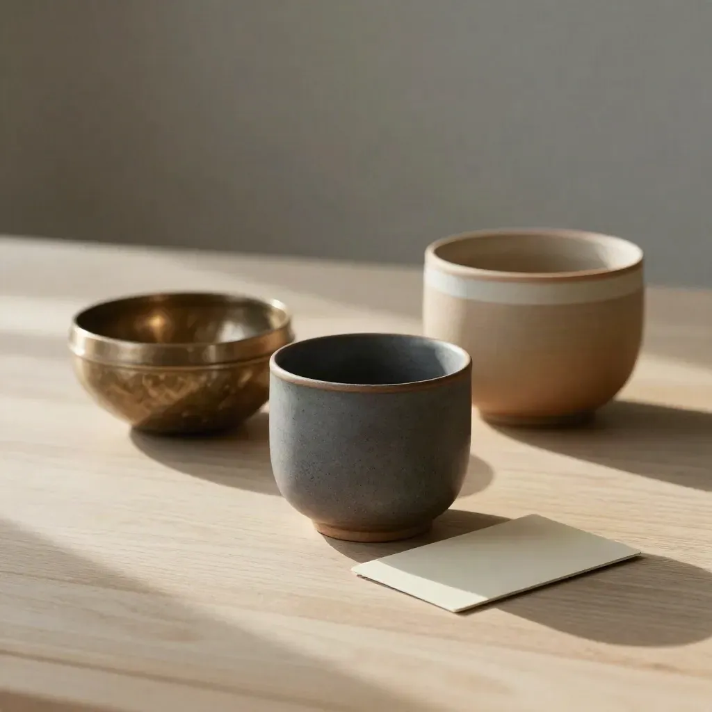 Zwei Keramikbecher, eine Klangschale und ein Kartenhalter auf hellem Holz im weichen Seitenlicht.