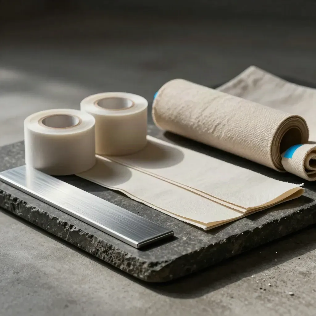Brushed-Alu-Winkel, Leinenband und Musterstreifen auf dunklem Tray mit sanftem Licht.