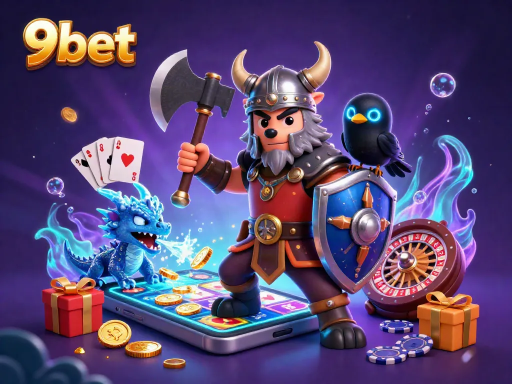 Engage in thrilling wins at 9bet with an exciting gaming scene featuring slots, dragon, and Viking warrior.