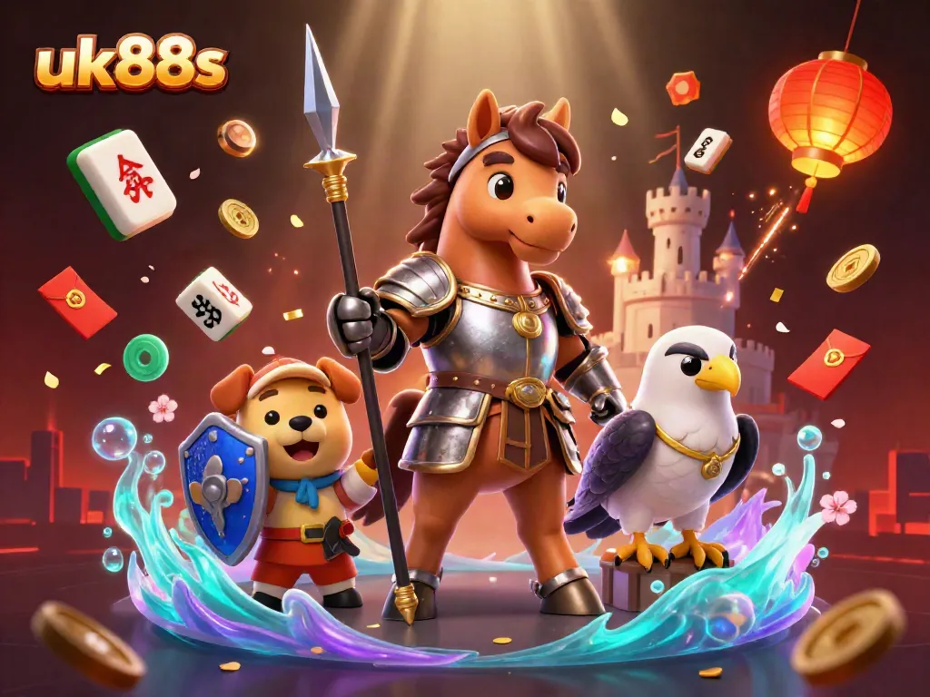 Engage with uk88s in a vibrant online betting scene, featuring a knight, puppy, and falcon among festive casino elements.