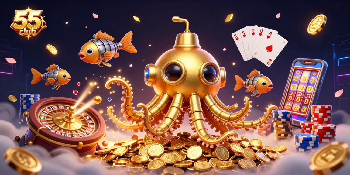 Experience thrilling gameplay with 55club's engaging 3D kraken casino scene full of golden coins.