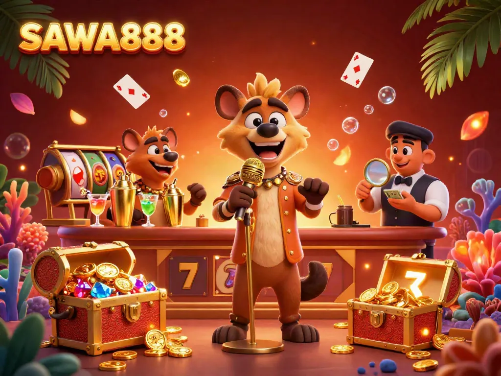 Experience the vibrant casino atmosphere of SAWA888 with animated hyenas engaging in comedy and mixing drinks.