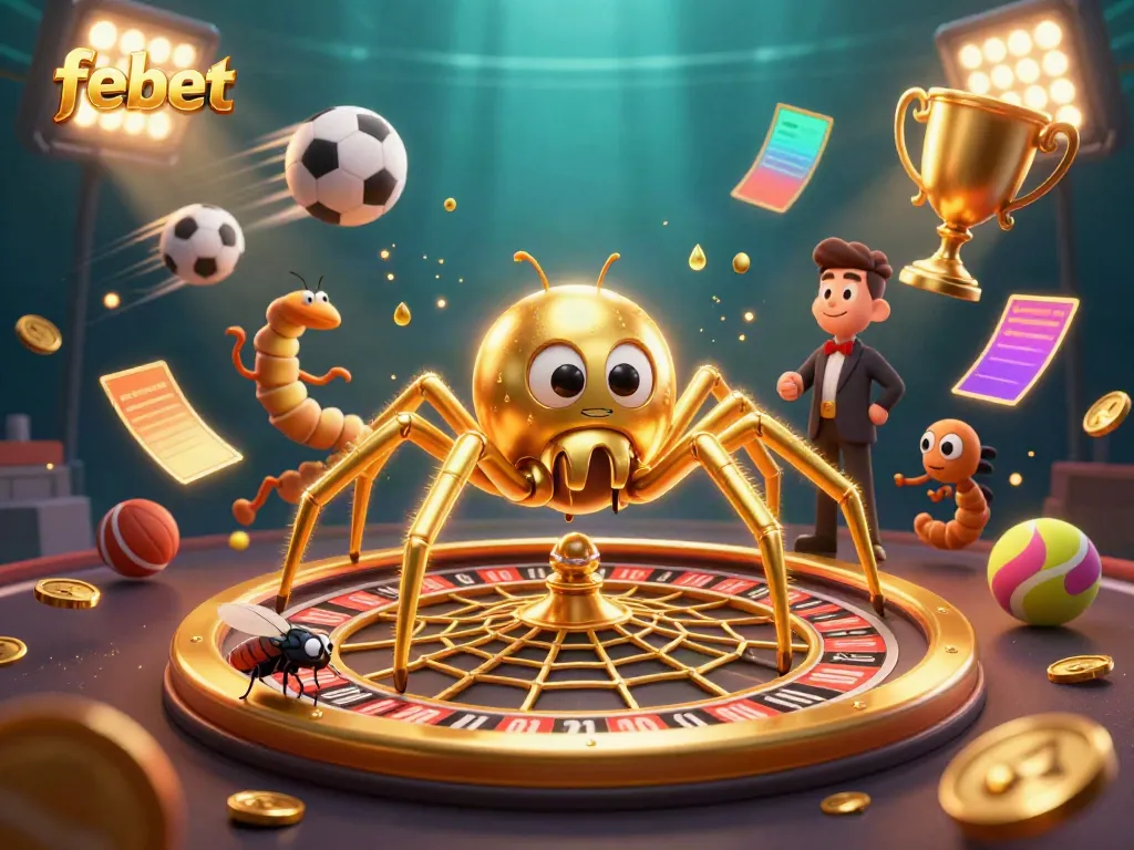 Watch the golden spider of febet spin its wealth in this vibrant 3D illustration of online casino betting.