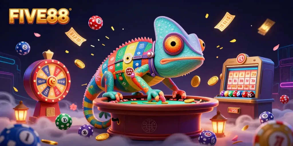 FIVE88's vibrant casino scene showcases a colorful chameleon owner amidst dynamic gaming elements.