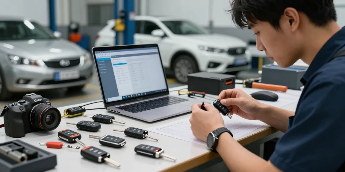 Schlüssel für Auto: Fachtechniker repariert und programmiert Autoschlüssel in professioneller Werkstatt.