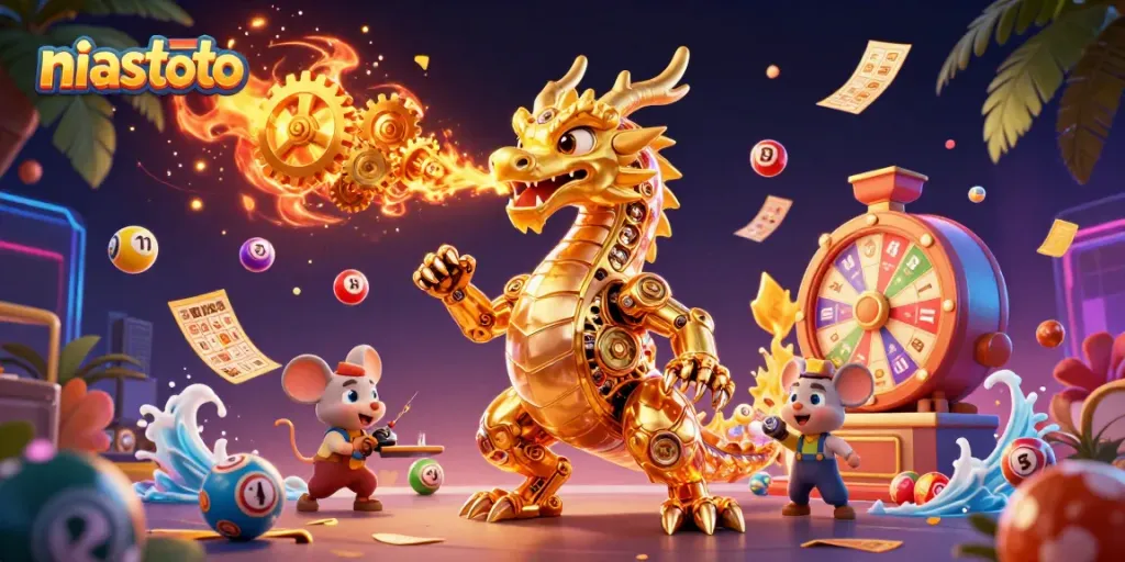 NIASTOTO's dynamic gaming scene features a golden dragon and vibrant lottery elements.