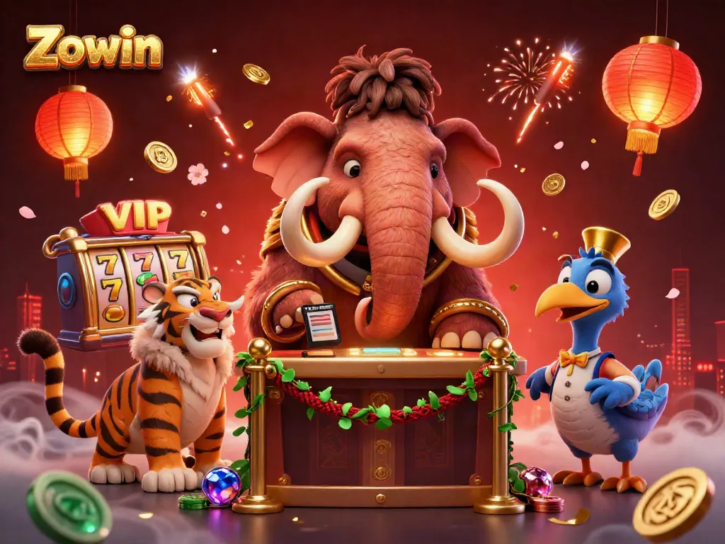 Zowin casino scene displaying a woolly mammoth bouncer, a saber-tooth tiger VIP, and a dodo doorman amid slot reels and festive decorations.