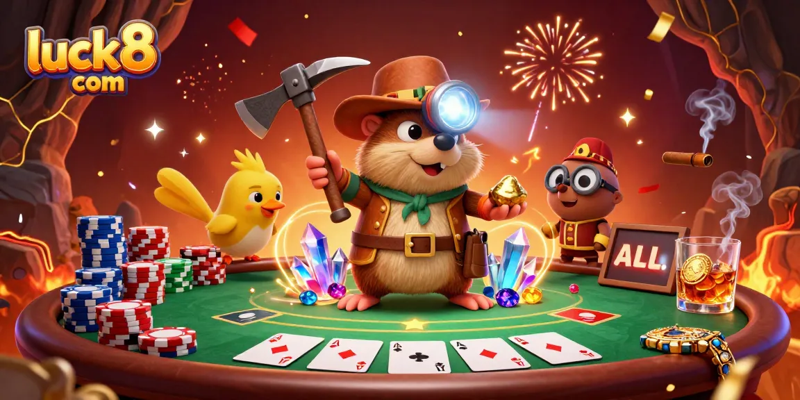 Engage with luck8 com at an exciting poker scene featuring a treasure hunter mole and colorful poker chips.