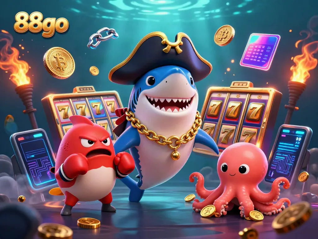 A dynamic illustration featuring the playful characters from 88go engaging in slot games with Bitcoin coins and neon lights surrounding them.