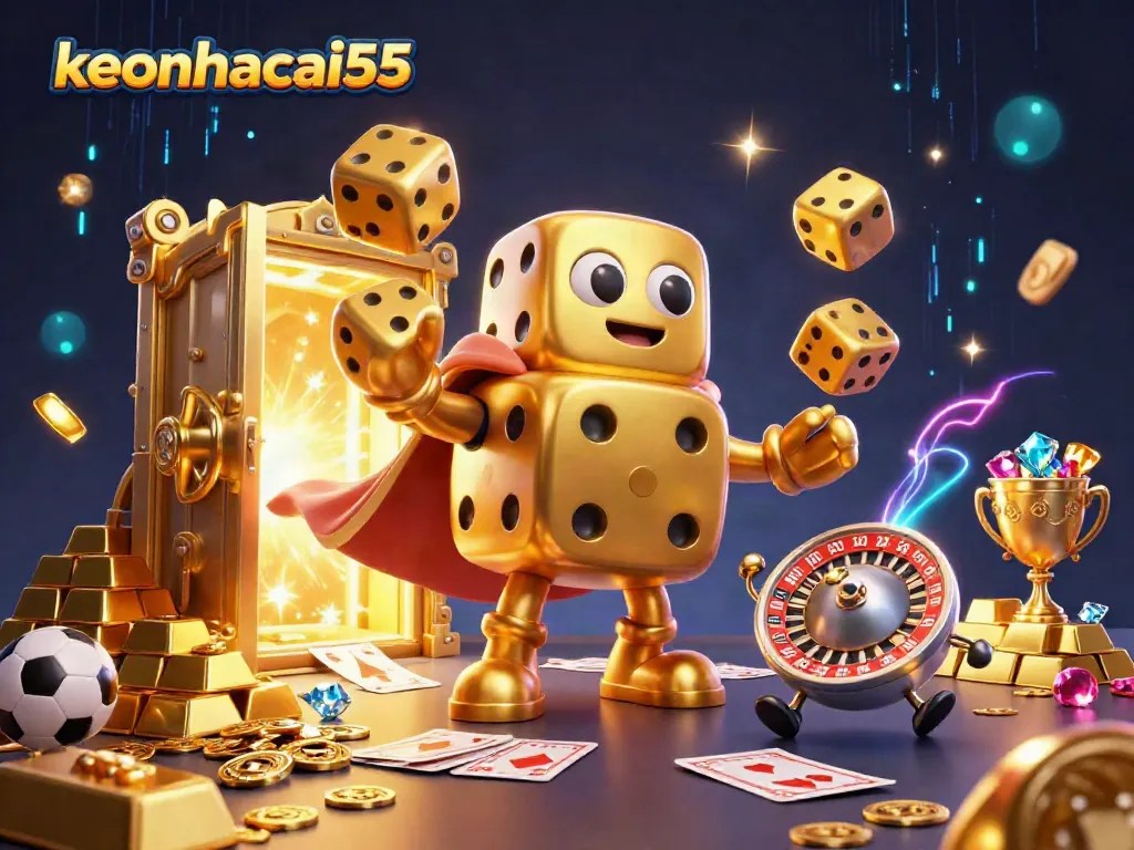 Engage with keonhacai55's thrilling sports betting scene featuring golden dice and vibrant casino elements.