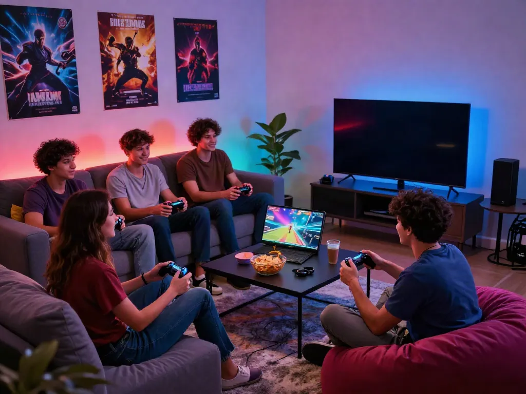 Friends enjoying gaming together at home while exploring https://rokok88togel.com gaming strategies and patterns.