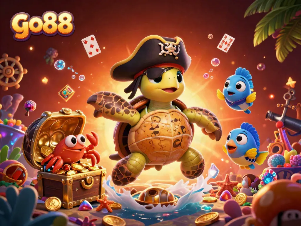 Engage in fun gaming with go88 featuring vibrant characters like a pirate turtle and floating treasures.
