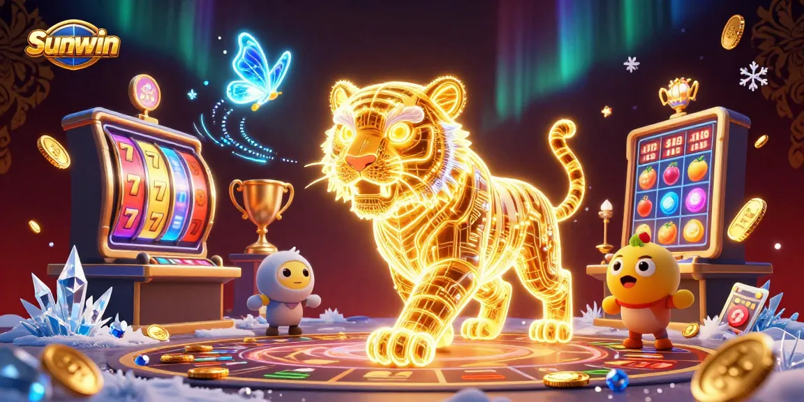 Win big at Sunwin with dynamic slots and a golden tiger in a vibrant casino setting.