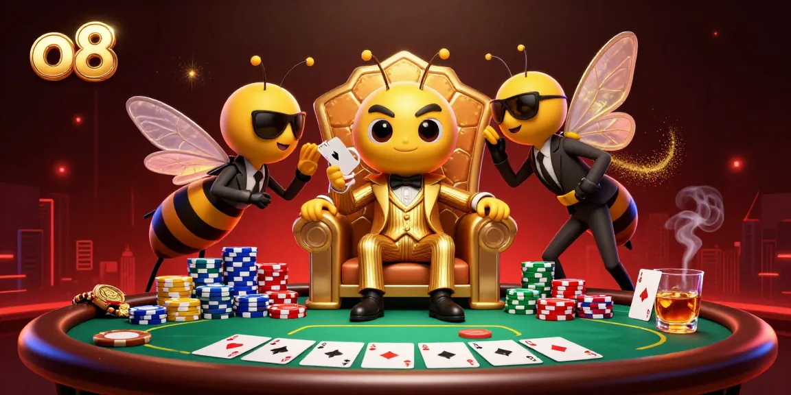 Win big at o8 with a bumblebee mob boss commanding poker riches in a vibrant casino scene.