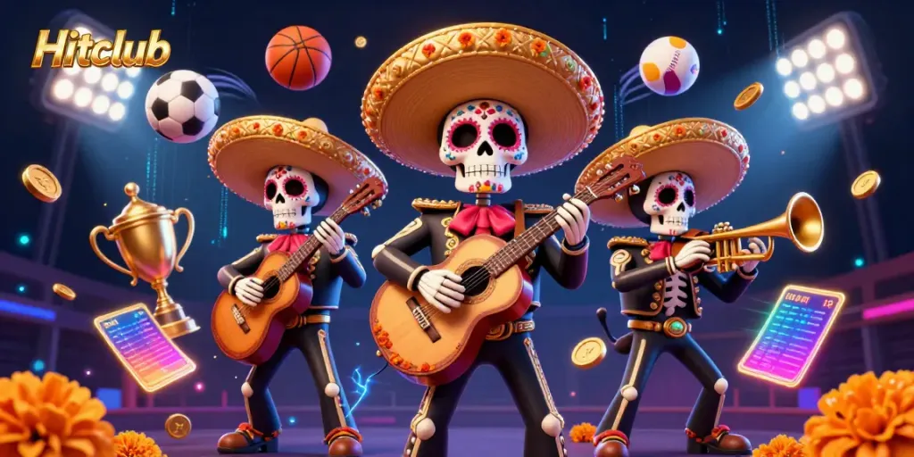 Hitclub immersive gaming experience with vibrant mariachi band and dynamic sports elements for players.